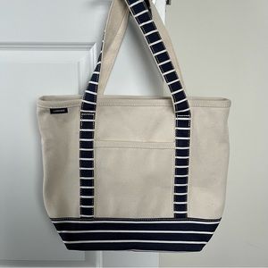 *Like New* Lands End Tan Canvas Tote Bag with Navy and white strip details